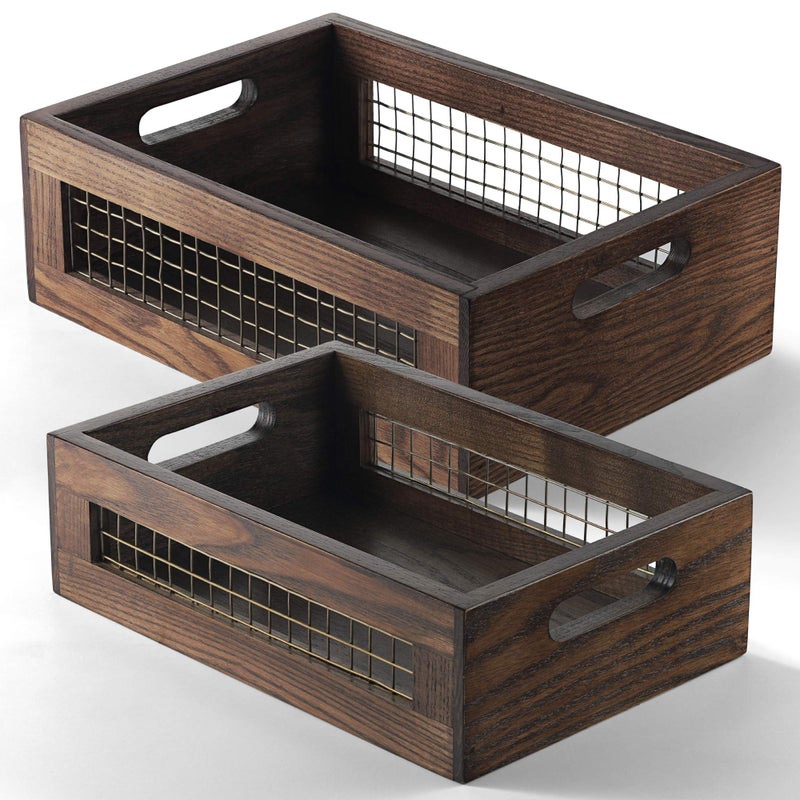 NAGAWOOD Wooden Countertop Baskets Set of 2 for Kitchen, Pantry|Wall Mount Upgrade with Full Accessories| Rustic Nesting Boxes|Wooden Organizer Crates for Vegetables, Produce, Bread - Image 1